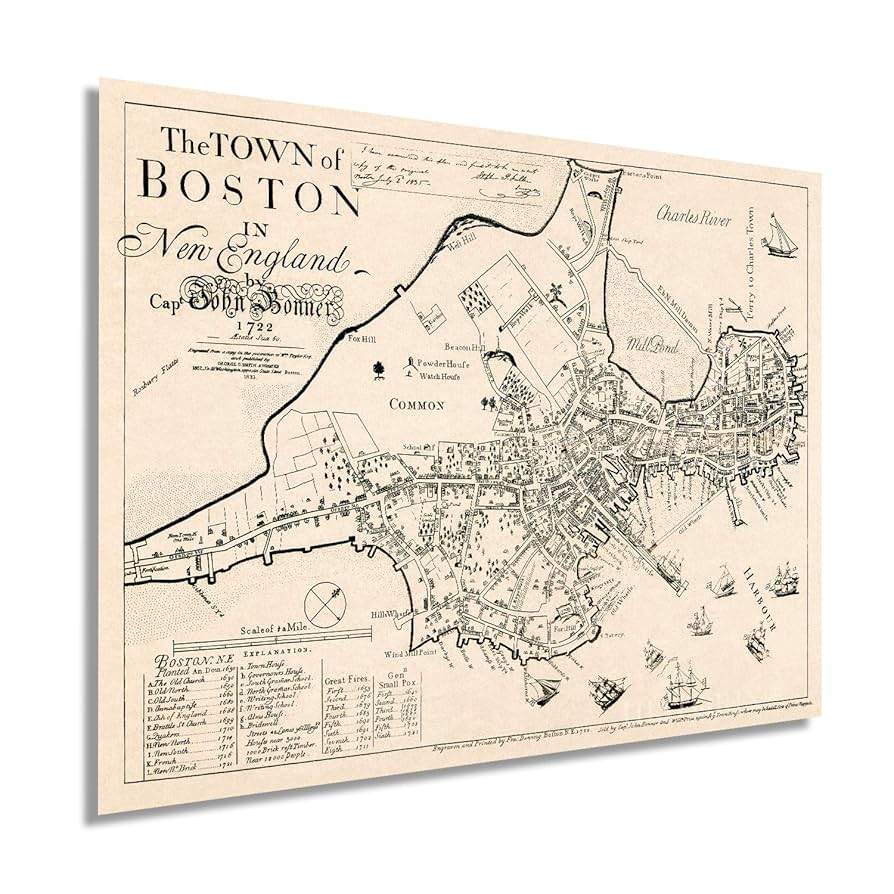 Amazon.com: HISTORIX Vintage 1722 Map of Boston